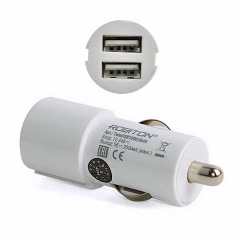 Зарядное уcтройство автомобильное(12/24В) в прикуриватель для USB, 2 порта по 1000 mA