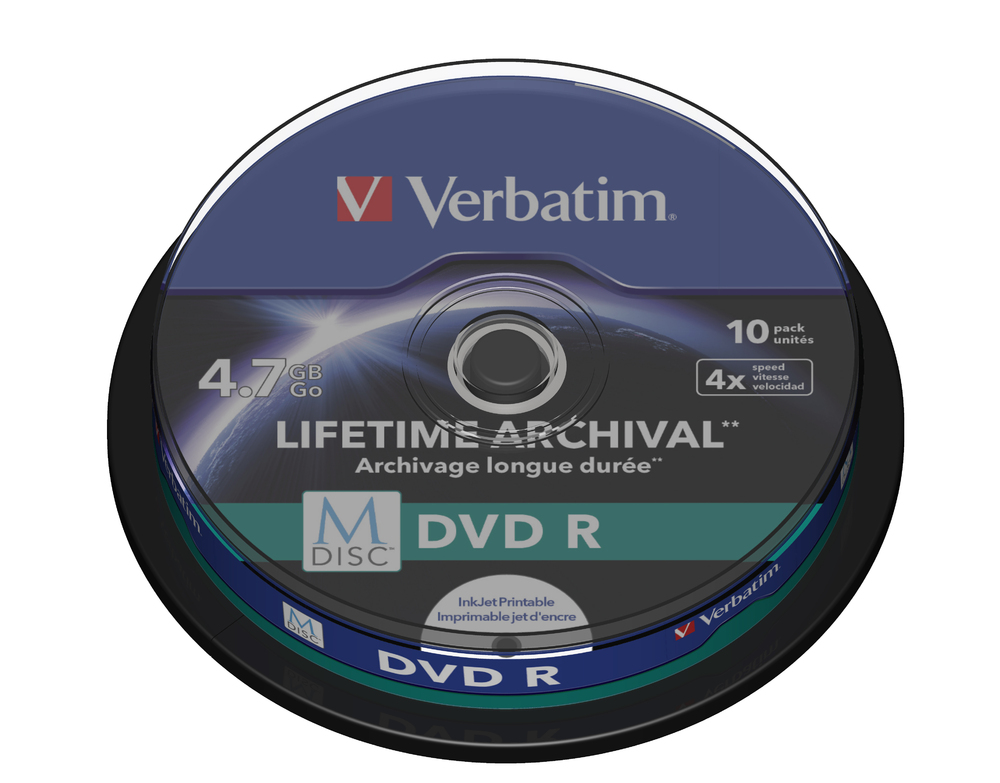 M-Disc DVD R архивный диск 4х Verbatim 4.7 Гб, printable, CakeBox M-Disc DVD R архивный диск 4х Verbatim 4.7 Гб, printable, CakeBox