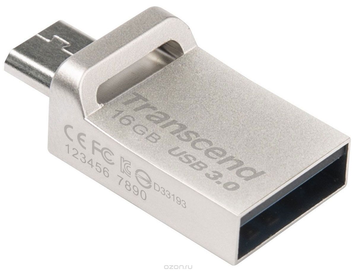 Флэш-диск 16 Гб Transcend JetFlash 880S, USB 3.0 / microUSB 2.0 (OTG), серебристый