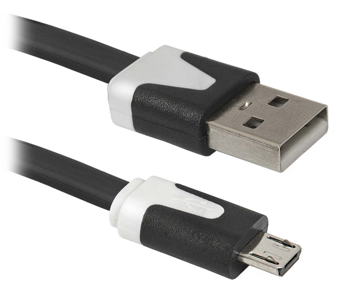 Кабель USB 2.0  A -> microUSB, 1.0 метр, плоский, черный