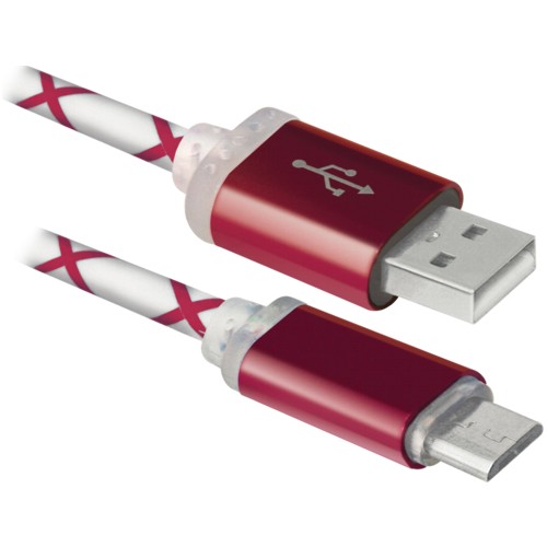 Кабель USB 2.0  A -> microUSB, 1.0 метр, красный, с подсветкой