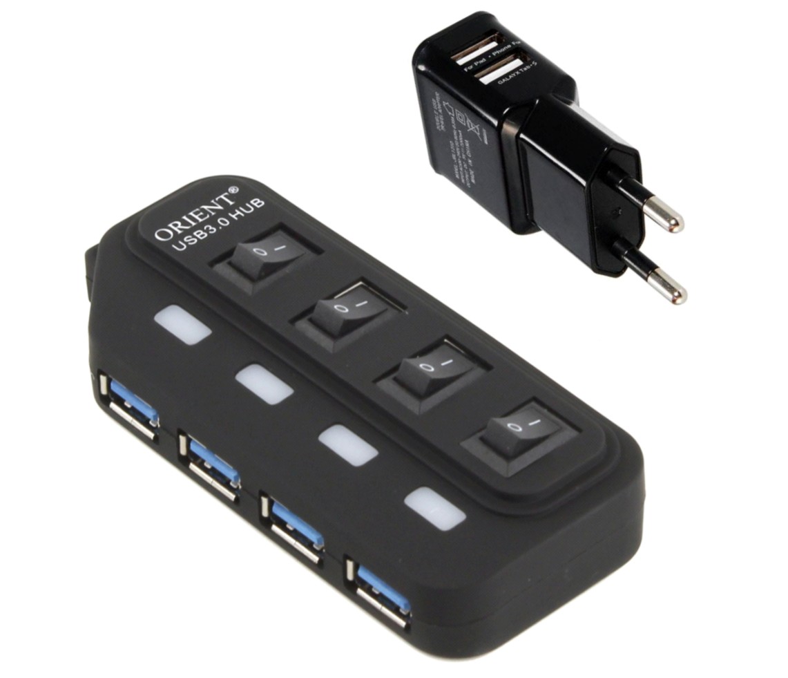 USB хаб (разветвитель) на 4 порта USB 3.0 ORIENT BC-306PS, блок питания 2.1А, отключение портов, индикация - чёрный