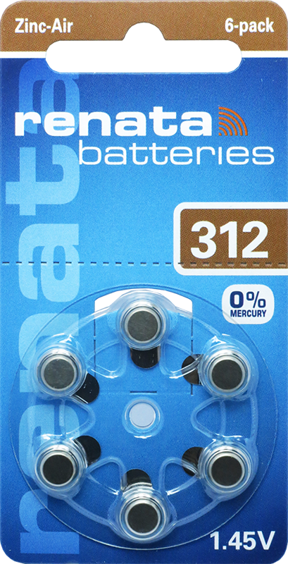 Батарейка для слуховых аппаратов ZA312 (PR41), RENATA , упаковка 6 шт