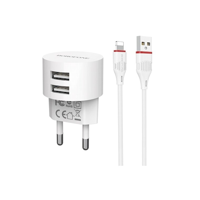 Зарядное уcтройство сетевое(220В) для USB, 2400 mA, 2 порта, шнур Lightning (Apple 8pin)