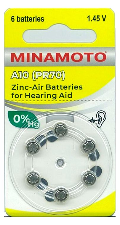 Батарейка воздушно-цинковая для слуховых аппаратов ZA10 (PR70), MINAMOTO упаковка 6 шт