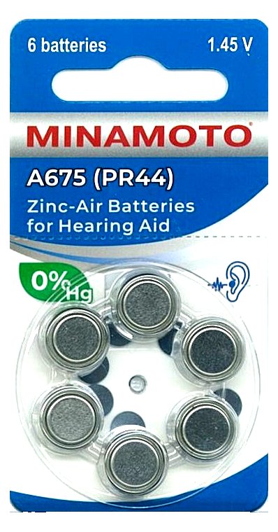 Батарейка воздушно-цинковая для слуховых аппаратов ZA675 (PR44), MINAMOTO упаковка 6 шт