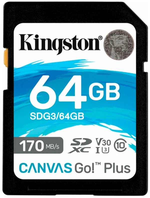 Карта памяти SDXC / Secure Digital eXtended Capacity 64 Гб Kingston ''Canvas Go! Plus'' Сlass 10 UHS-1, U3, V30, A2 чтение 170 Мбайт/сек, запись 70 Мбайт/сек