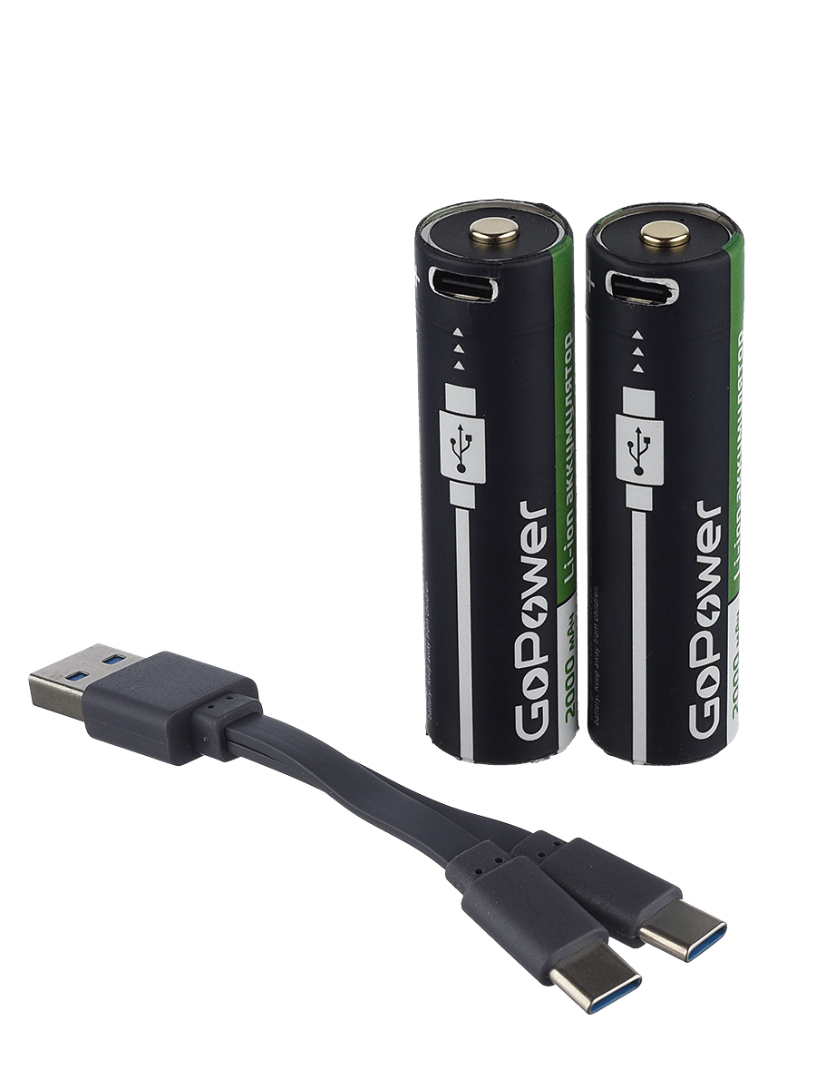 Аккумуляторы (комплект 2 шт) Li-Ion 18650 3.7В 2000 mAh GoPower c защитой.и встроенным зарядным устройством, разъем Type C Аккумуляторы (комплект 2 шт) Li-Ion 18650 3.7В 2000 mAh GoPower c защитой.и встроенным зарядным устройством, разъем Type C